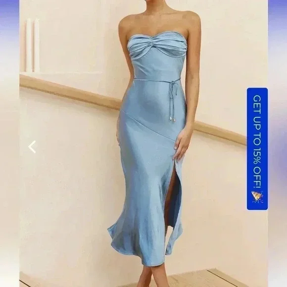 SELFIE LESLIE NWT KINDRED SPIRIT STRAPLESS GATHERED BUST MIDI DRESS BLUE - Picture 2 of 8